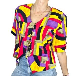 Vintage 80s 90s colourful geometric print statement shoulder jacket top